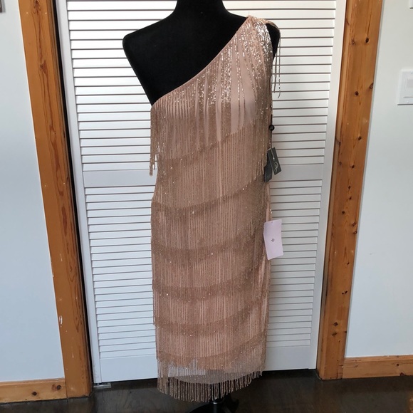 Adrianna Papell Beaded Fringe 1 Shoulder dress 14 - Picture 1 of 8